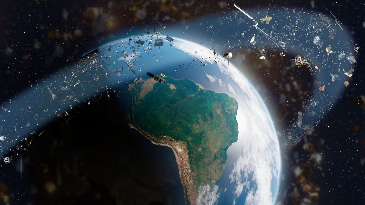 A halo of space junk orbits the earth.