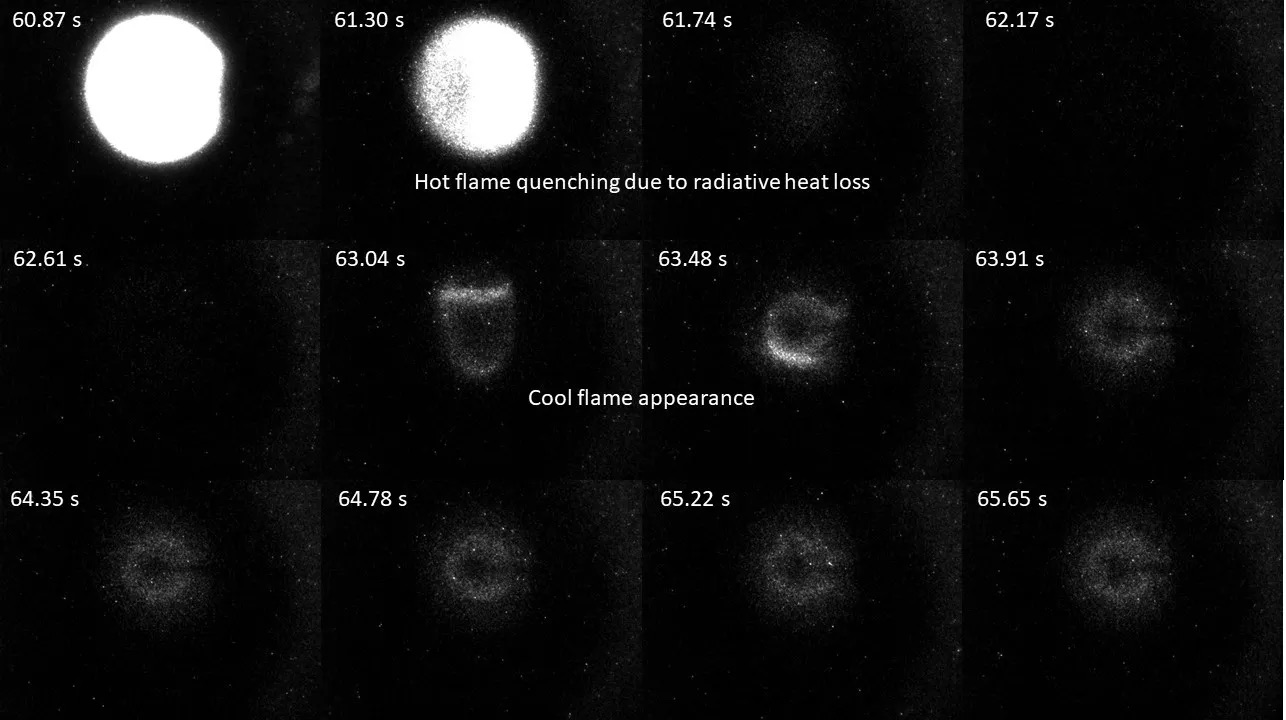 Multiple images pulled from an intensified camera filtered to look for the very faint emissions of a cool flame during a run of the CFI-G experiment show the hot flame going out and a cool flame appearing.