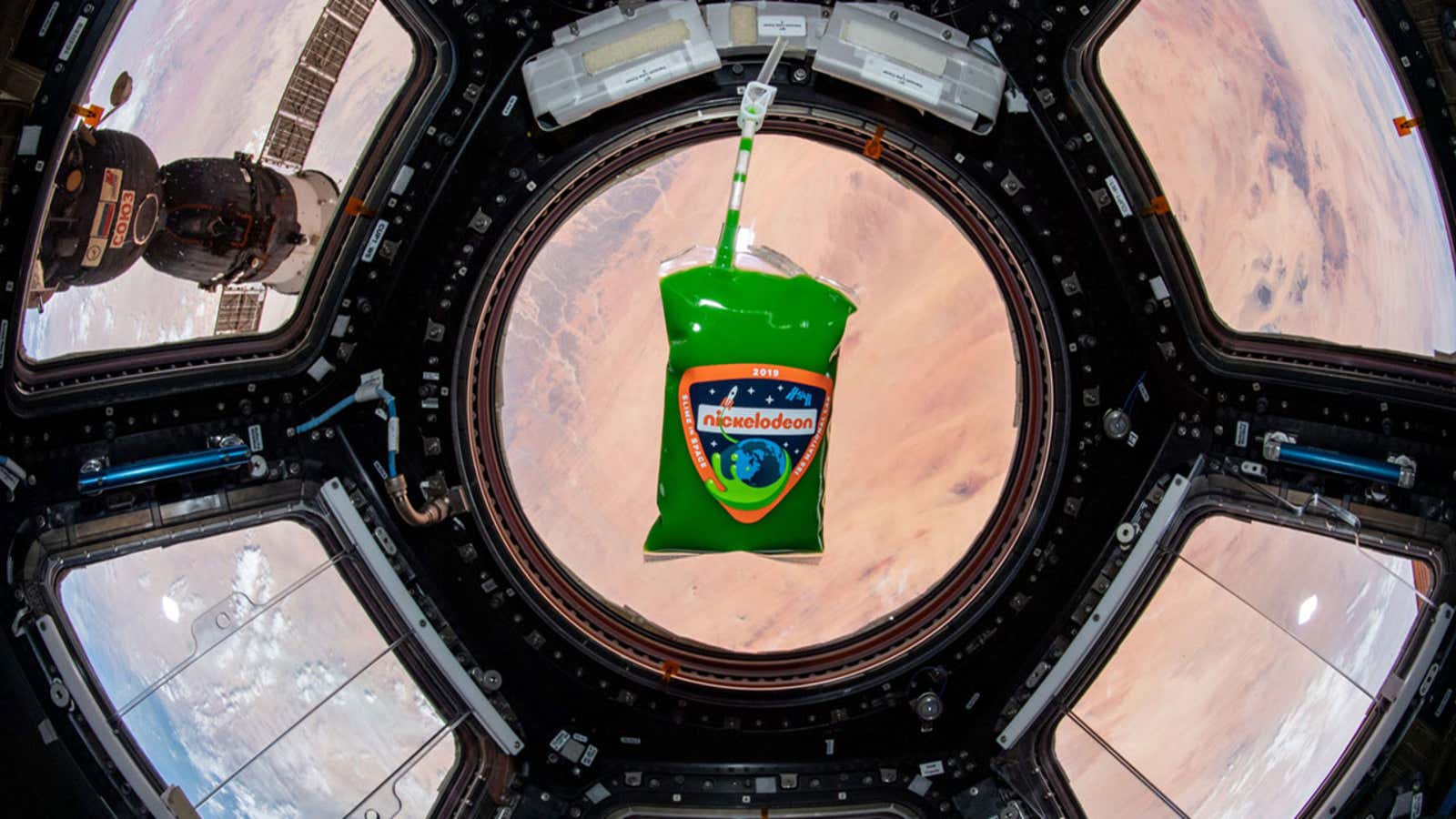 Nickelodon's Slime in Space in the cupola of the ISS.