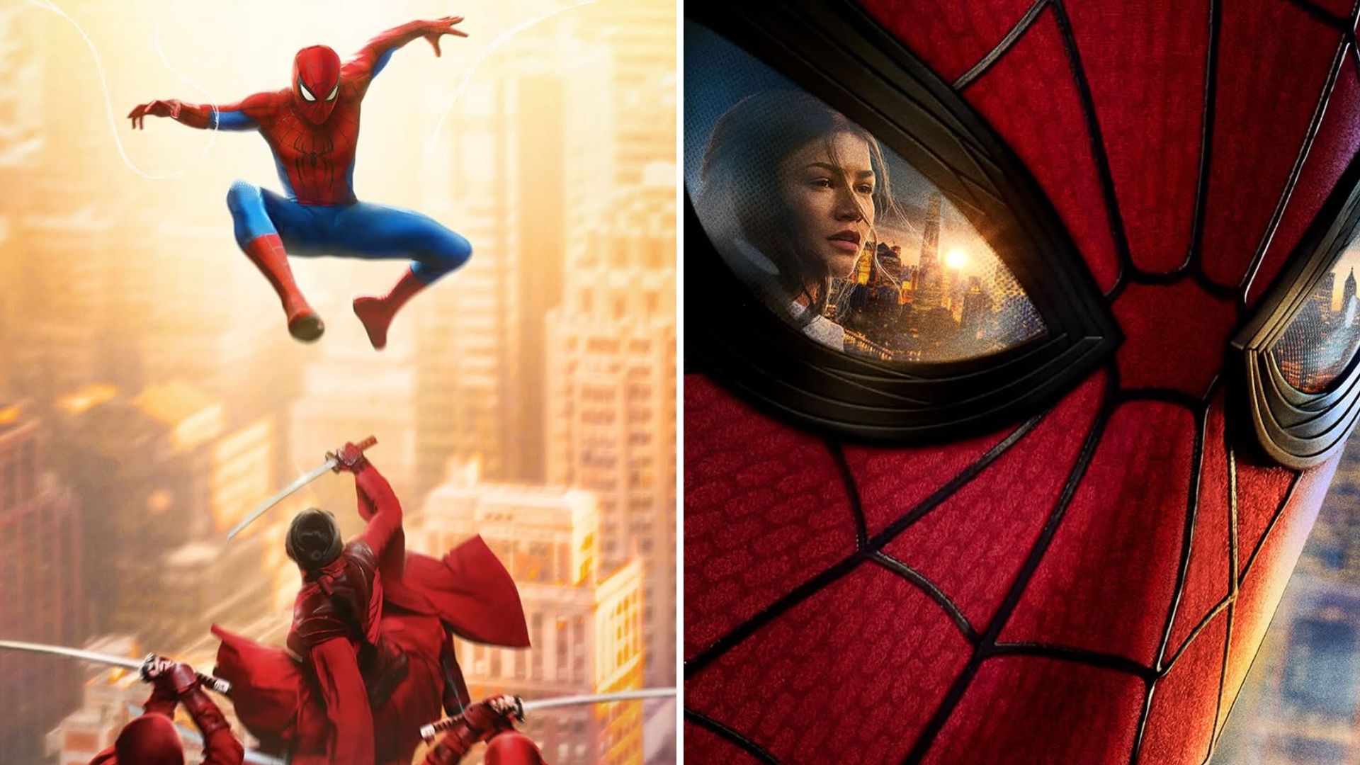 Teaser poster collage for Spider-Man: Brand New Day. One of the teaser posters features Spider-Man leaping down upon ninjas wearing red — members of supervillain organization The Hand. The other poster is a close-up on Spider-Man’s face with his ex-girlfriend MJ reflected in one eye.