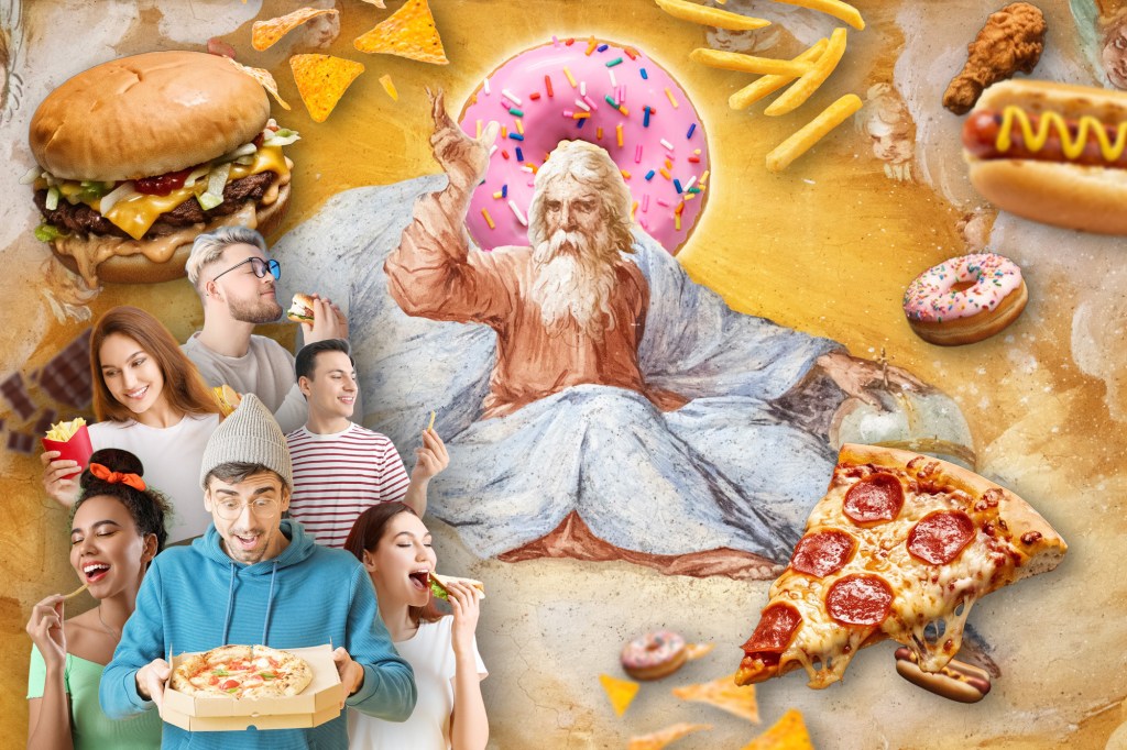 Collage of God blessing people with fast food items.