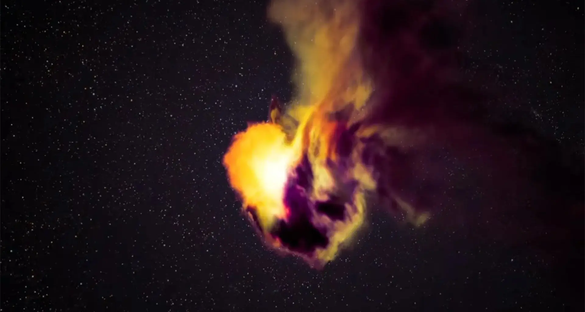 Artist's image of a bizarre stellar explosion that peeled back the layers of a dying star, revealing secrets of how the universe makes the elements we depend on. The image shows a bright asymmetric blob partly shielded by dust, all against a black background.