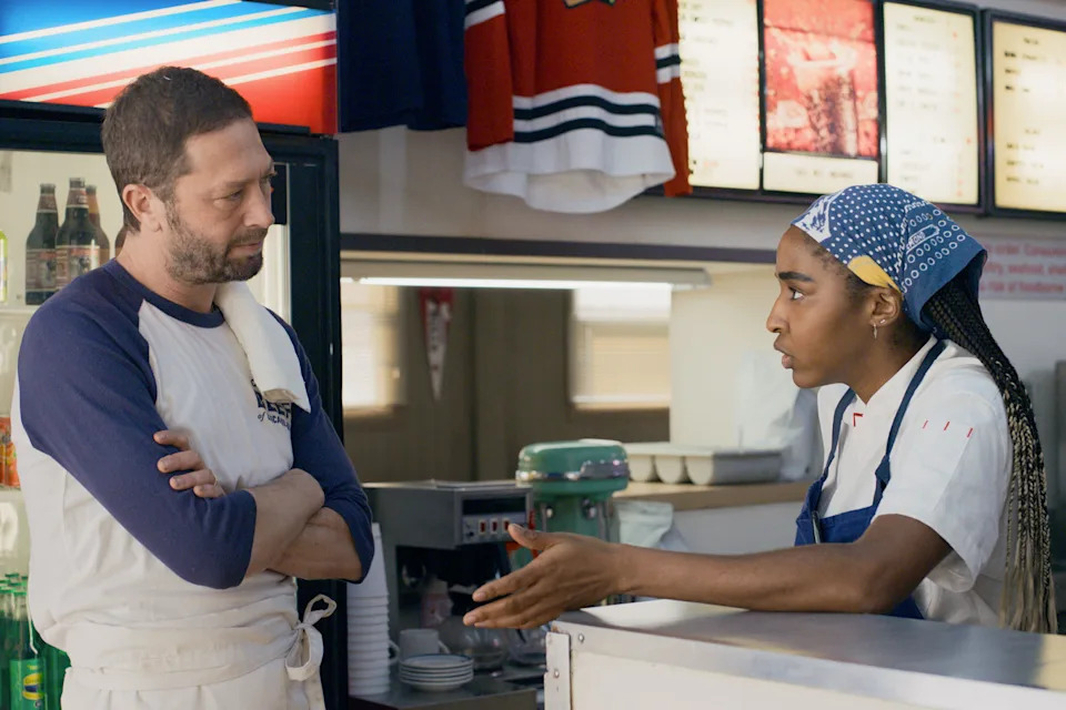 Ebon Moss-Bachrach as Richard 'Richie' Jerimovich, Ayo Edebiri as Sydney Adamu in season 1 of The Bear.