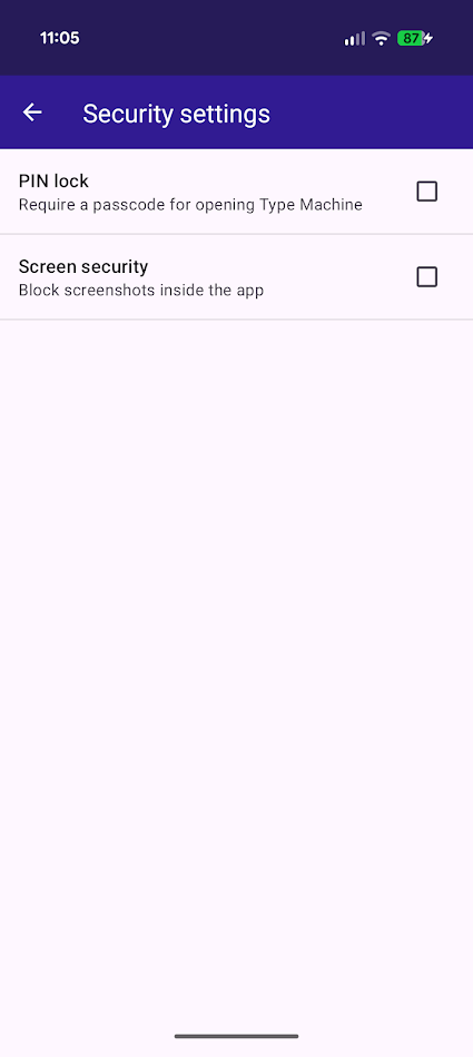 security settings in type machine app