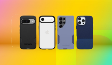From left: phone cases in black, white and black edges, grey and black (iPhone) against coral, yellow and mint CNET background.