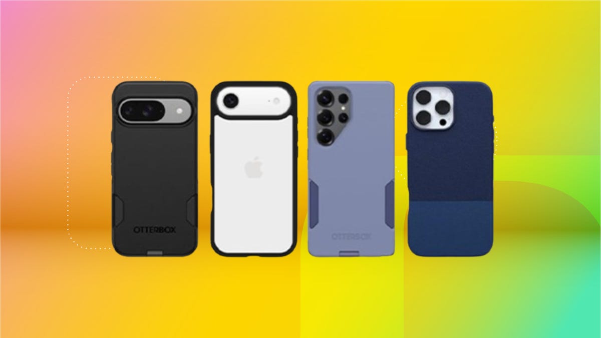 From left: phone cases in black, white and black edges, grey and black (iPhone) against coral, yellow and mint CNET background.