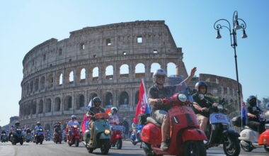 Thousands of Vespas swarm Rome’s historic center to mark iconic scooter’s 80th anniversary