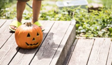 A jack-o'-lantern sitting on a wooden porch.