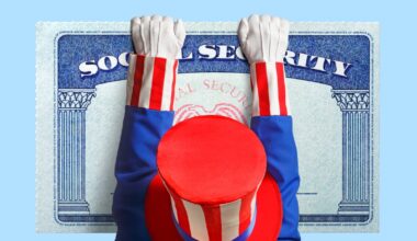 Uncle Sam holding onto an oversized Social Security card by his fingertips.
