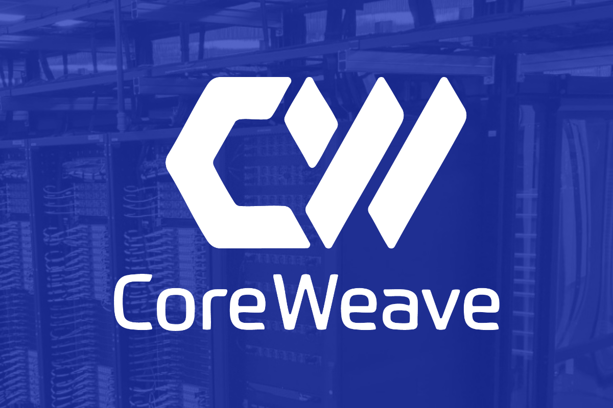 CoreWeave company name and logo in white on a purple background.