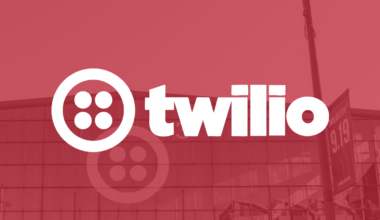 Twilio company name and logo in white on a red background.