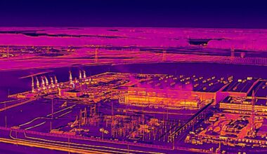 A purple-hued thermal image shows emissions from a row of turbines as bright yellow. The emissions are not visible with the unaided human eye.