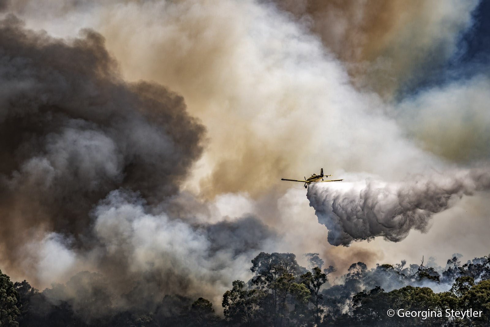 A firefighting plane drops water over a forest fire, with thick, dark smoke rising above the trees under a cloudy sky.