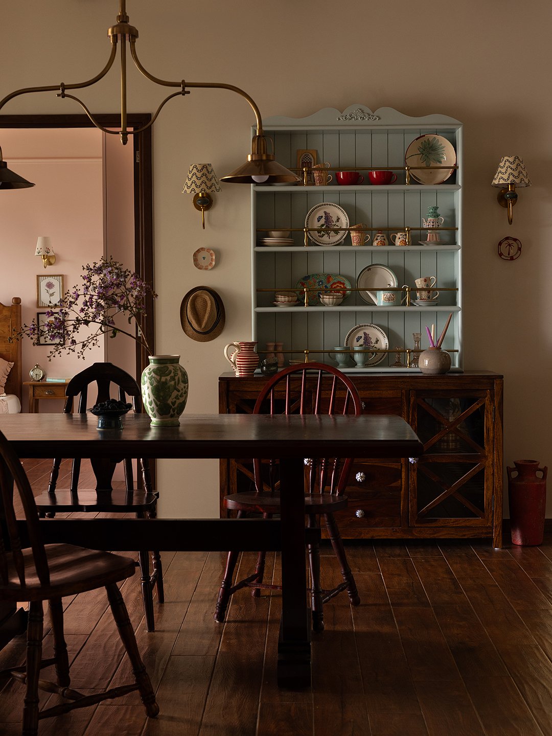 dining room with light blue cabinet