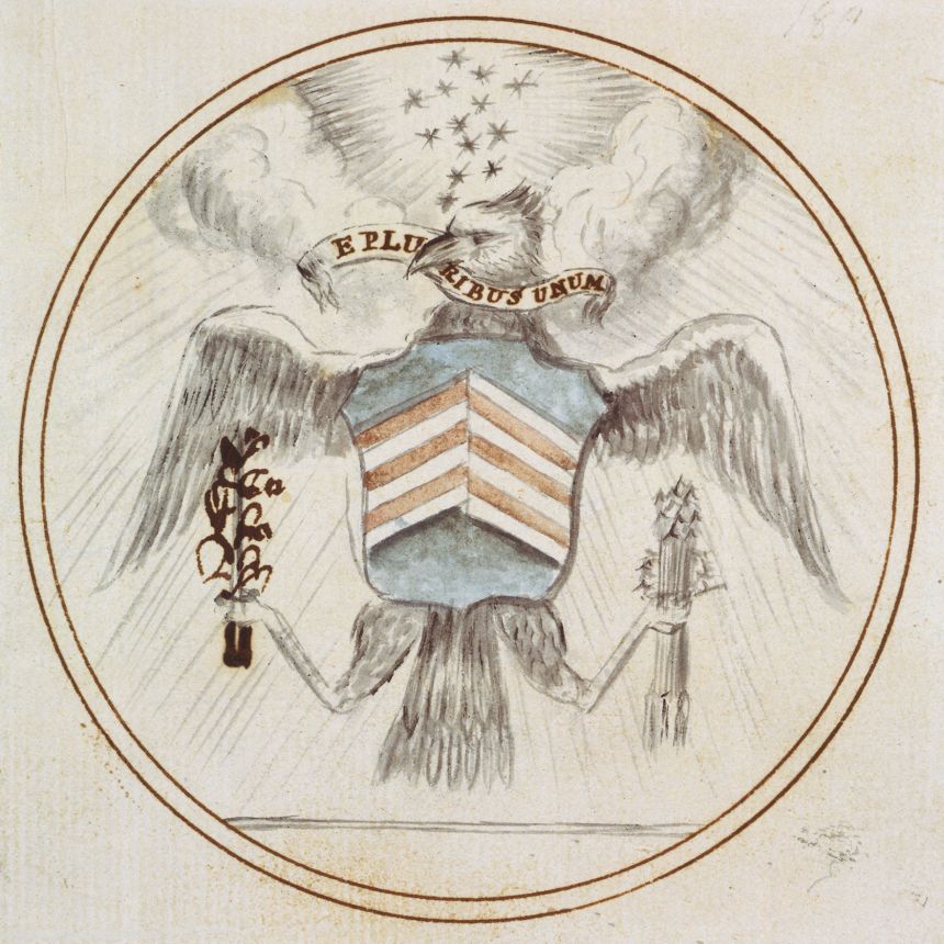 The original design of the Great Seal of the United States, produced in 1782. Benjamin Franklin thought the illustration looked more like a turkey than an eagle.