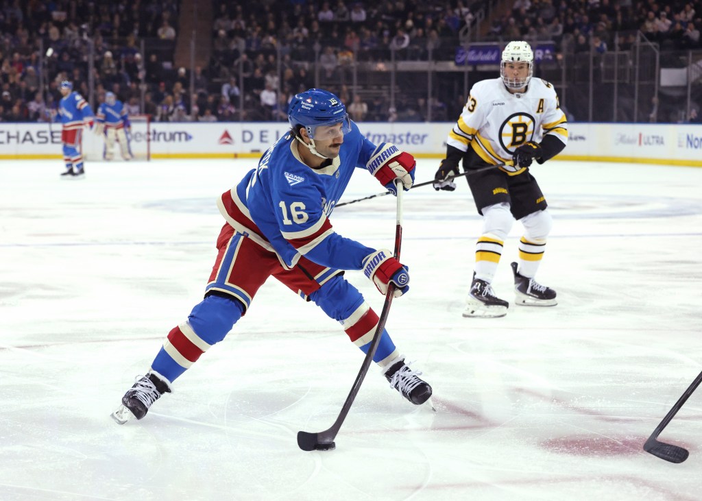 New York Rangers center Vincent Trocheck #16 takes a shot on goal during the first period.