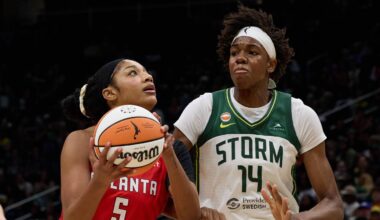 Jun 27, 2026; Seattle, Washington, USA; Atlanta Dream forward Angel Reese (5) drives the ball to the basket in the first quarter against the Seattle Storm at Climate Pledge Arena. Mandatory Credit: Richard Dizon-Imagn Images