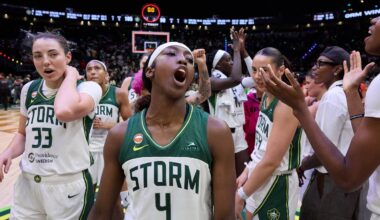 Jun 27, 2026; Seattle, Washington, USA; Seattle Storm guard Flau'jae Johnson (4) reacts following her team’s victory over the Atlanta Dream at Climate Pledge Arena. Mandatory Credit: Richard Dizon-Imagn Images