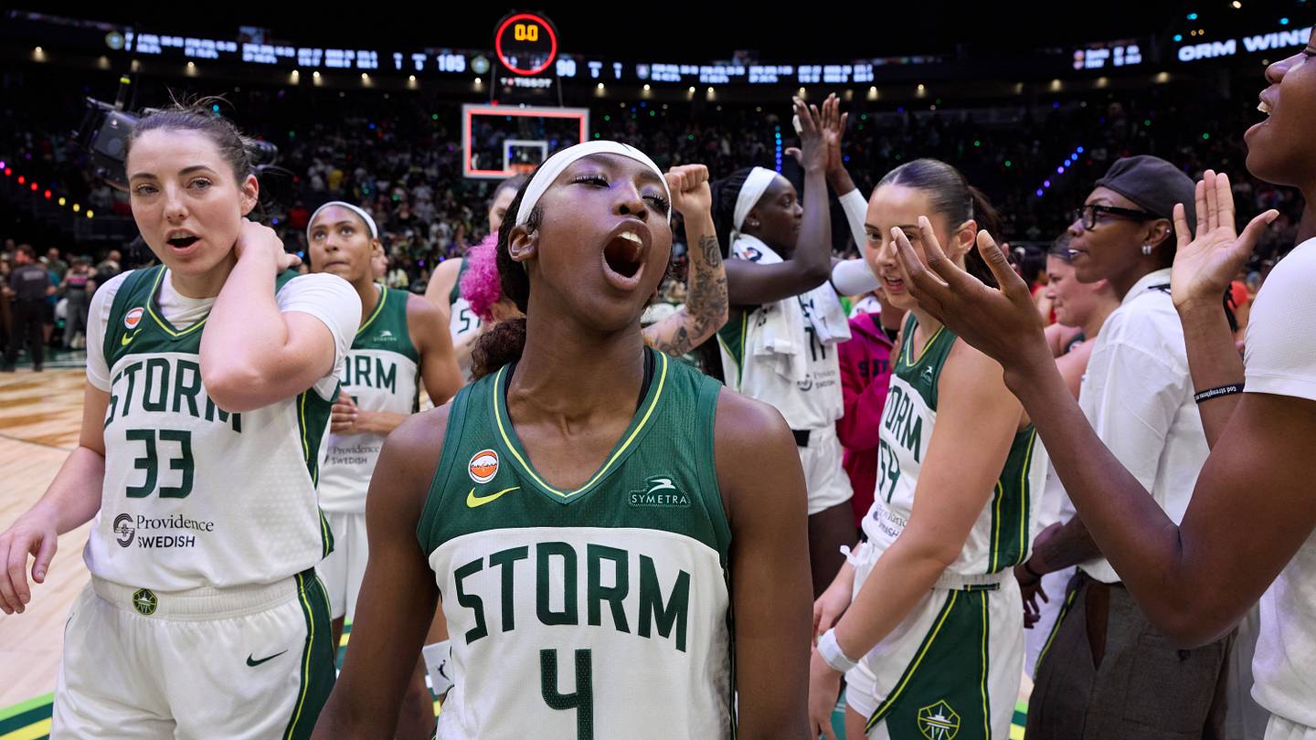 Jun 27, 2026; Seattle, Washington, USA; Seattle Storm guard Flau'jae Johnson (4) reacts following her team’s victory over the Atlanta Dream at Climate Pledge Arena. Mandatory Credit: Richard Dizon-Imagn Images