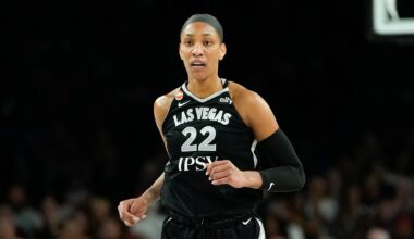 Jun 23, 2026; Las Vegas, Nevada, USA; Las Vegas Aces center A'ja Wilson (22) competes during the first quarter of a WNBA basketball game against the New York Liberty at Michelob Ultra Arena. Mandatory Credit: Lucas Peltier-Imagn Images