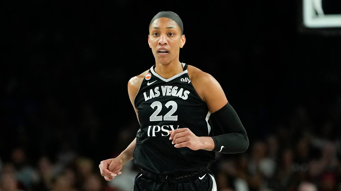 Jun 23, 2026; Las Vegas, Nevada, USA; Las Vegas Aces center A'ja Wilson (22) competes during the first quarter of a WNBA basketball game against the New York Liberty at Michelob Ultra Arena. Mandatory Credit: Lucas Peltier-Imagn Images