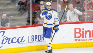 Apr 13, 2026; Chicago, Illinois, USA; Buffalo Sabres center Tage Thompson (72) celebrates after scoring against the Chicago Blackhawks during the third period at United Center. Mandatory Credit: Kamil Krzaczynski-Imagn Images
