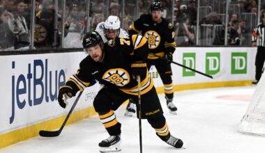 Apr 11, 2026; Boston, Massachusetts, USA; Boston Bruins left wing Viktor Arvidsson (71) skates for the puck against the Tampa Bay Lightning during the first period at the TD Garden. Mandatory Credit: Brian Fluharty-Imagn Images