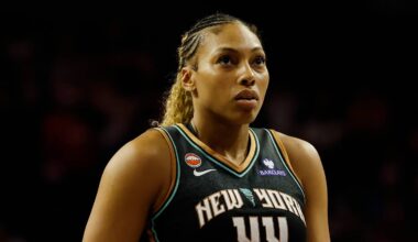 May 10, 2026; Washington, District of Columbia, USA; New York Liberty guard-forward Betnijah Laney-Hamilton (44) prepares to shoot a free throw against the Washington Mystics during overtime at CareFirst Arena. Mandatory Credit: Geoff Burke-Imagn Images