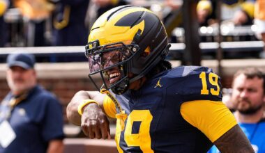 Michigan quarterback Bryce Underwood (19) celebrates a touchdown against Central Michigan during the second half at Michigan Stadium in Ann Arbor on Saturday, Sept. 13, 2025.