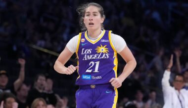 Jun 7, 2026; Los Angeles, California, USA; LA Sparks guard Kate Martin (21) reacts against the Portland Fire in the second half at Crypto.com Arena. Mandatory Credit: Kirby Lee-Imagn Images