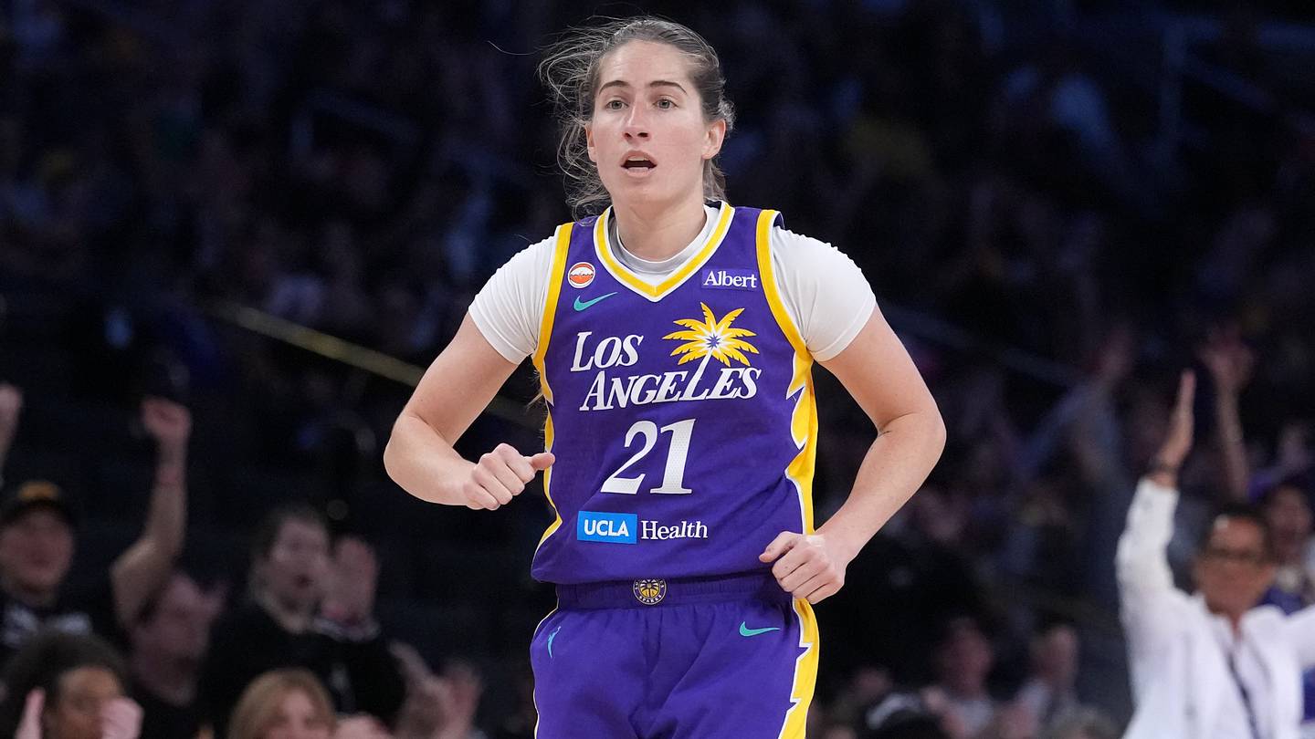 Jun 7, 2026; Los Angeles, California, USA; LA Sparks guard Kate Martin (21) reacts against the Portland Fire in the second half at Crypto.com Arena. Mandatory Credit: Kirby Lee-Imagn Images