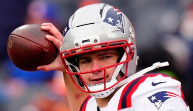 Jan 25, 2026; Denver, CO, USA; New England Patriots quarterback Drake Maye (10) practices before the 2026 AFC Championship Game at Empower Field at Mile High. Mandatory Credit: Ron Chenoy-Imagn Images