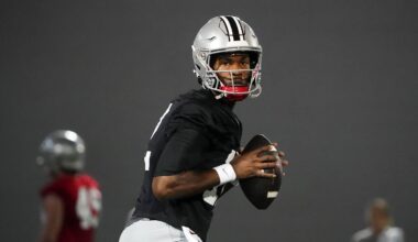 Mar 7, 2024; Columbus, OH, USA; Ohio State Buckeyes quarterback Air Noland (12) looks to throw during spring football practice at the Woody Hayes Athletic Center.