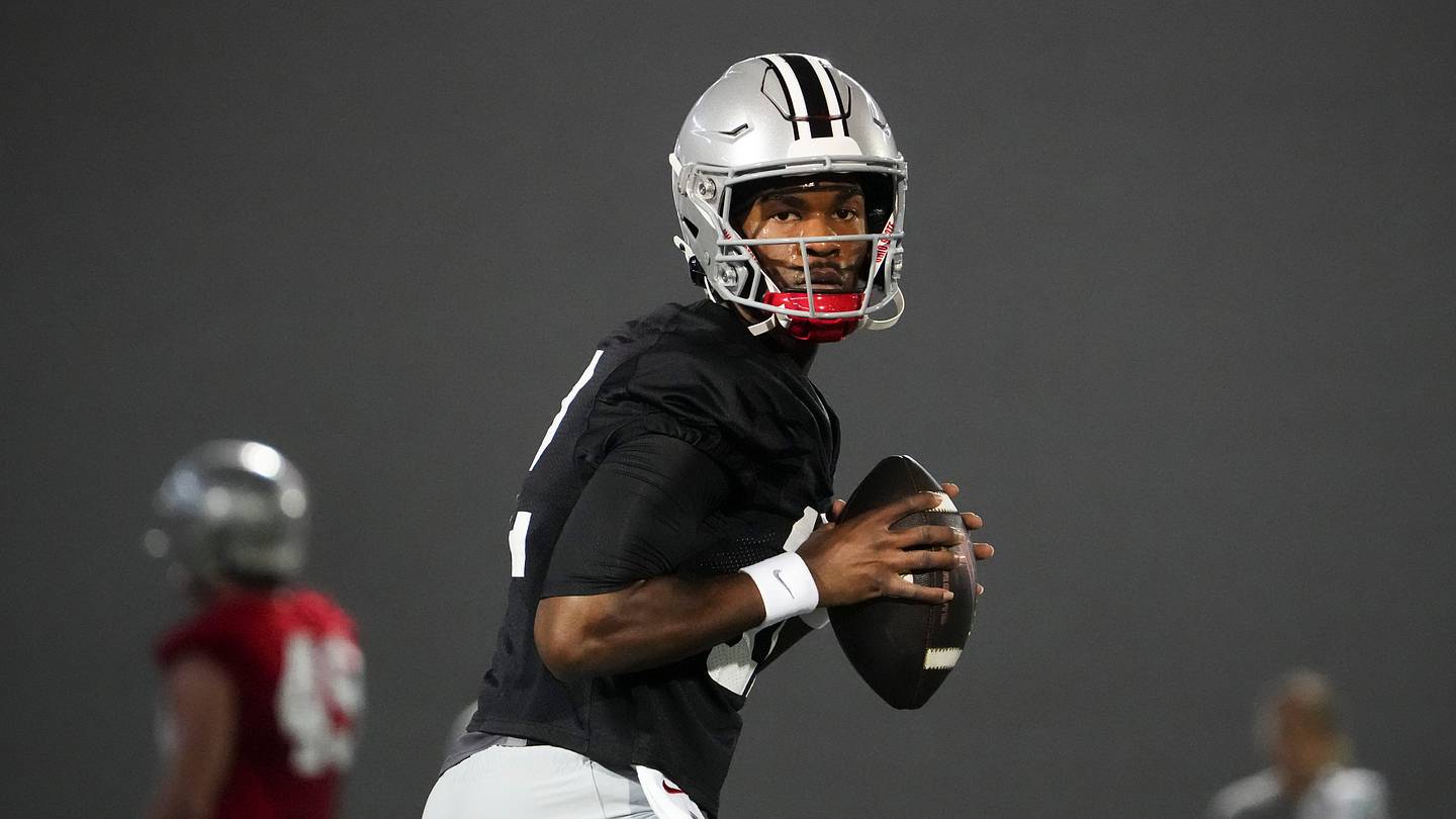 Mar 7, 2024; Columbus, OH, USA; Ohio State Buckeyes quarterback Air Noland (12) looks to throw during spring football practice at the Woody Hayes Athletic Center.