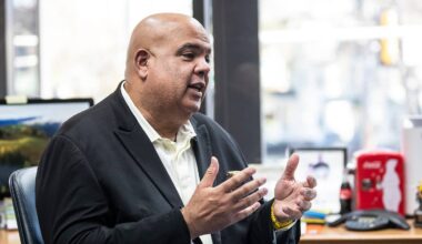 Michigan athletic director Warde Manuel talks during an interview with Free Press Michigan beat writer Tony Garcia at U-M's Weidenbach Hall in Ann Arbor on Monday, April 22, 2024.