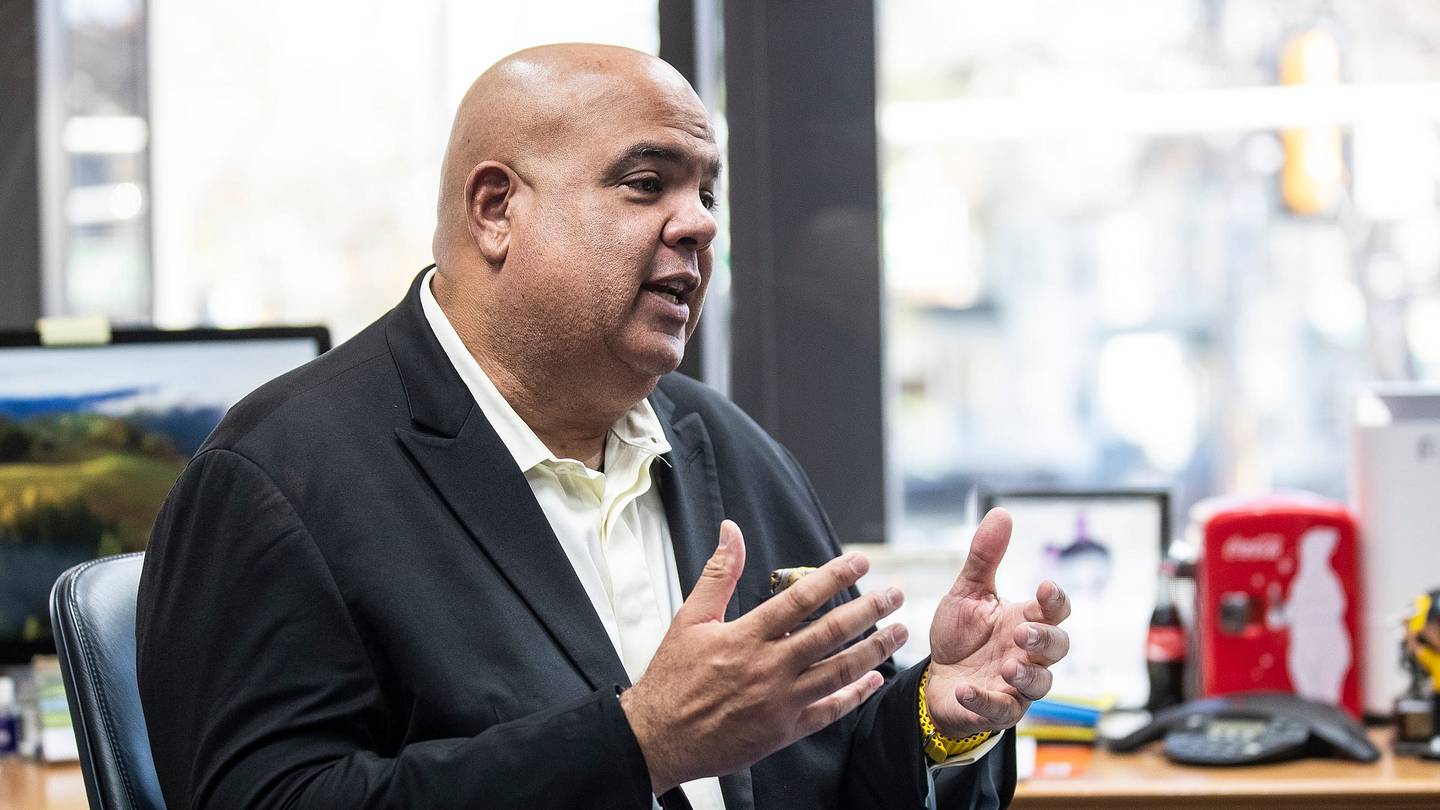 Michigan athletic director Warde Manuel talks during an interview with Free Press Michigan beat writer Tony Garcia at U-M's Weidenbach Hall in Ann Arbor on Monday, April 22, 2024.