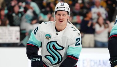 Jan 31, 2026; Las Vegas, Nevada, USA; Seattle Kraken right wing Eeli Tolvanen (20) warms up before a game against the Vegas Golden Knights at T-Mobile Arena. Mandatory Credit: Stephen R. Sylvanie-Imagn Images