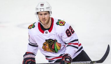 Dec 31, 2017; Calgary, Alberta, CAN; Chicago Blackhawks defenseman Jordan Oesterle (82) skates against the Calgary Flames during the third period at Scotiabank Saddledome. Calgary Flames won 4-3. Mandatory Credit: Sergei Belski-USA TODAY Sports