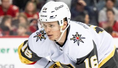 Apr 5, 2025; Calgary, Alberta, CAN; Vegas Golden Knights left wing Pavel Dorofeyev (16) gets ready for a faceoff against the Calgary Flames during the third period at Scotiabank Saddledome. Mandatory Credit: Brett Holmes-Imagn Images