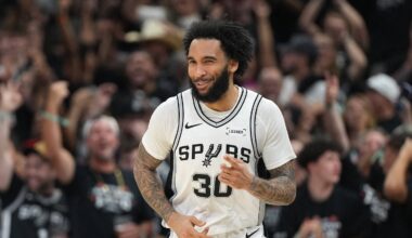 Apr 28, 2026; San Antonio, Texas, USA; San Antonio Spurs forward Julian Champagnie (30) reacts after scoring a three point basket during the second half of game five of the first round of the 2026 NBA Playoffs against the Portland Trail Blazers at Frost Bank Center. Mandatory Credit: Scott Wachter-Imagn Images