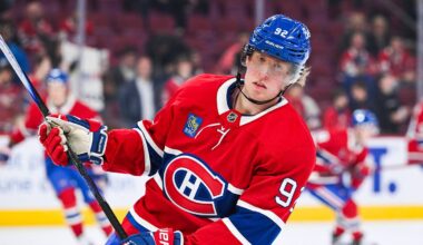 Oct 16, 2025; Montreal, Quebec, CAN; Montreal Canadiens right wing Patrik Laine (92) looks on during warm-up before the game against the Nashville Predators at Bell Centre. Mandatory Credit: David Kirouac-Imagn Images