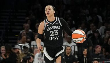 May 23, 2026; Las Vegas, Nevada, USA; Las Vegas Aces guard Chennedy Carter (23) dribbles against the Los Angeles Sparks in the first quarter of their game at Michelob Ultra Arena. Mandatory Credit: Candice Ward-Imagn Images