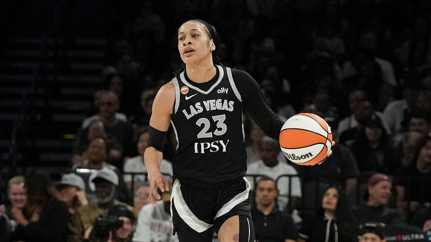 May 23, 2026; Las Vegas, Nevada, USA; Las Vegas Aces guard Chennedy Carter (23) dribbles against the Los Angeles Sparks in the first quarter of their game at Michelob Ultra Arena. Mandatory Credit: Candice Ward-Imagn Images