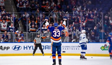 Apr 29, 2022; Elmont, New York, USA; New York Islanders defenseman Zdeno Chara (33) scores a goal against the Tampa Bay Lightning during the third period at UBS Arena. Mandatory Credit: Dennis Schneidler-USA TODAY Sports