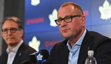 Jun 1, 2023; Toronto, Ontario, CANADA; Toronto Maple Leafs new general manager Brad Treliving is introduced as club president Brendan Shanahan looks on at a press conference at Scotiabank Arena. Mandatory Credit: Dan Hamilton-USA TODAY Sports