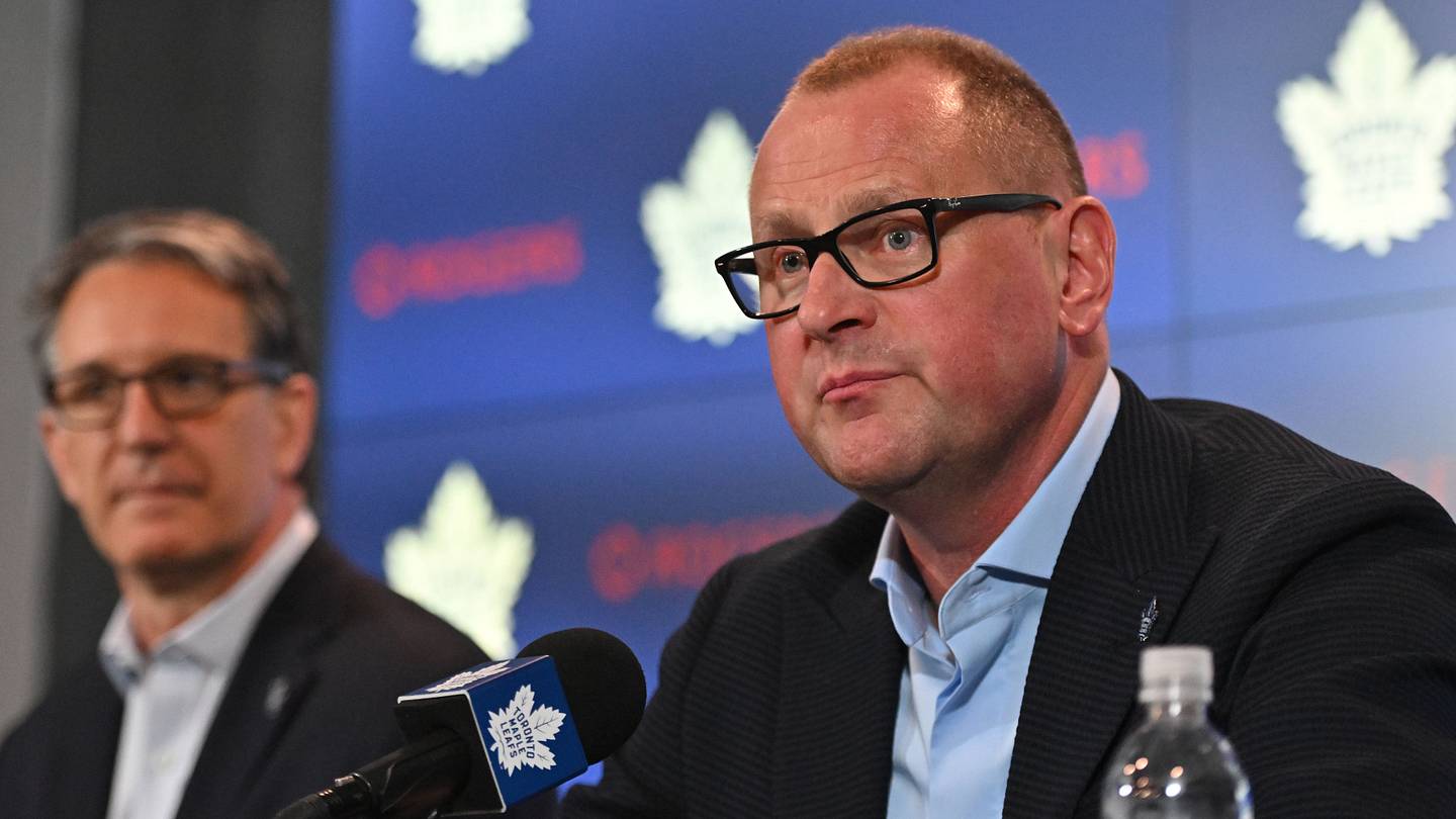 Jun 1, 2023; Toronto, Ontario, CANADA; Toronto Maple Leafs new general manager Brad Treliving is introduced as club president Brendan Shanahan looks on at a press conference at Scotiabank Arena. Mandatory Credit: Dan Hamilton-USA TODAY Sports