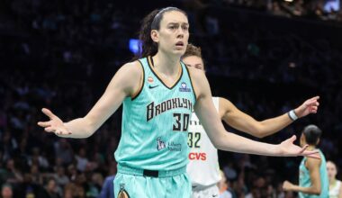 Jul 7, 2026; Brooklyn, New York, USA;  New York Liberty forward Breanna Stewart (30) reacts to a call in the third quarter against the Dallas Wings at Barclays Center. Mandatory Credit: Wendell Cruz-Imagn Images