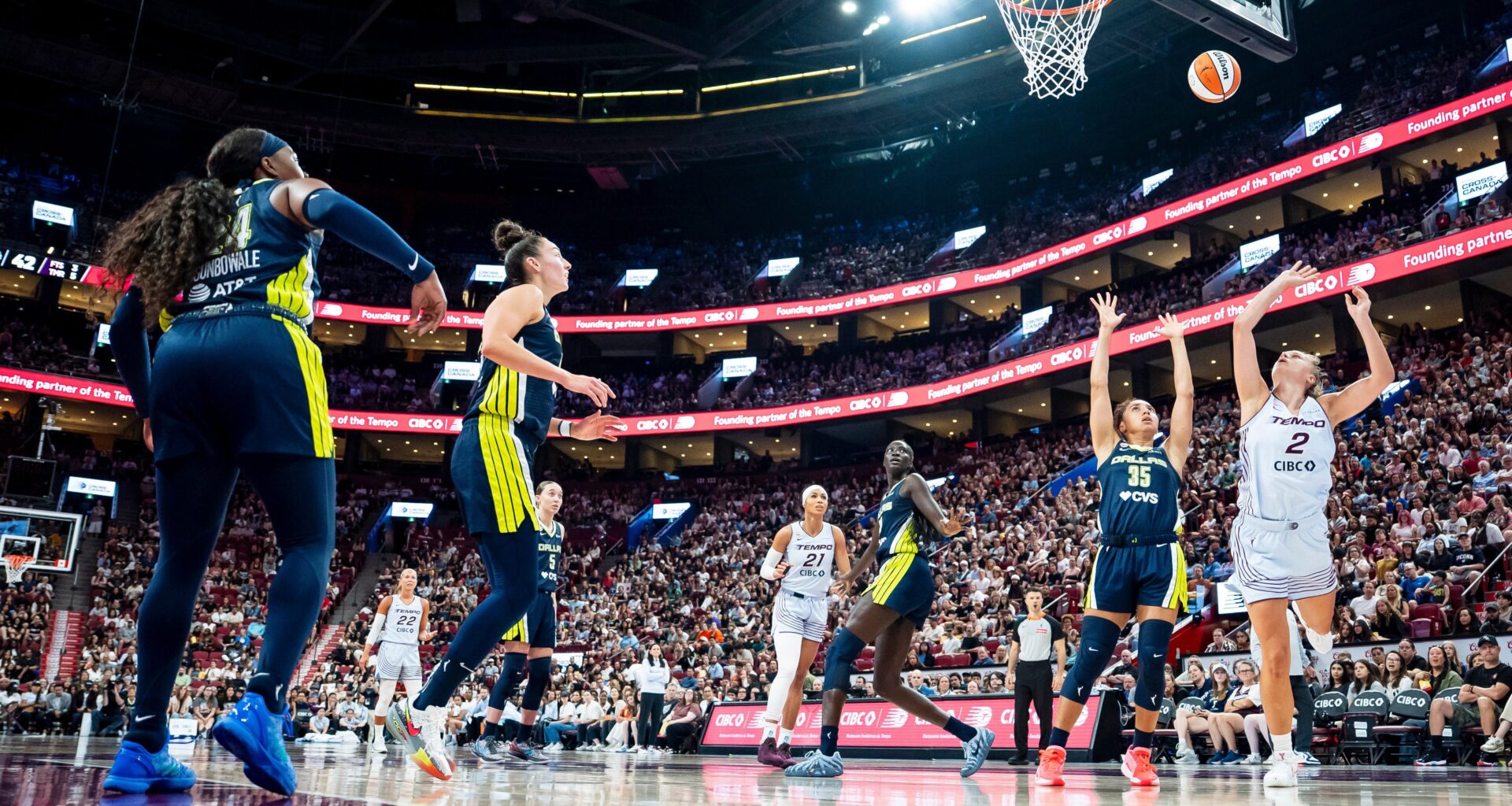 Toronto Tempo's Laura Juskaite (2 ) shoots on the Dallas Wings during first half of a WNBA basketball game, in Montreal on Friday, July 10, 2026. (Christopher Katsarov/The Canadian Press via AP)