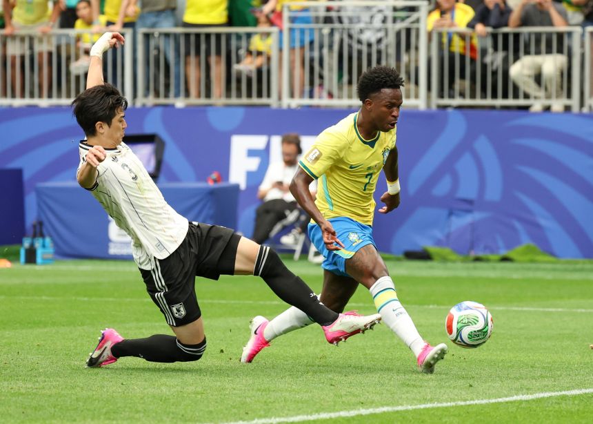 Vinicius Junior shoots on goal in the second half of the match between Brazil and Japan last week.