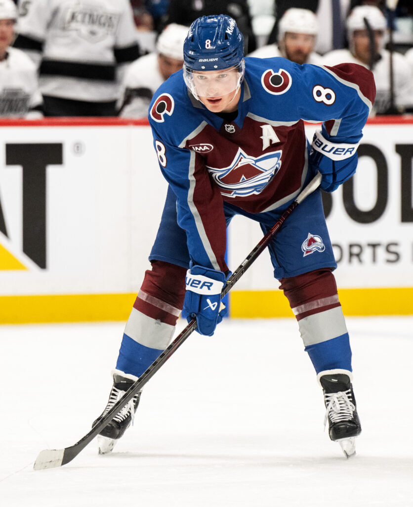 Colorado Avalanche defenseman Cale Makar (8) waits for a faceoff during the third period of Game 1 against the Los Angeles Kings Sunday, April 19, 2026, at Ball Arena in Denver. (The Gazette, Christian Murdock)